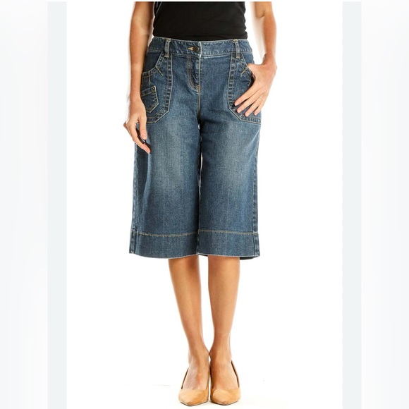 Loft Womens 14 Blue Denim Bermuda Shorts Wide Leg High Rise Casual Cotton - Picture 1 of 11